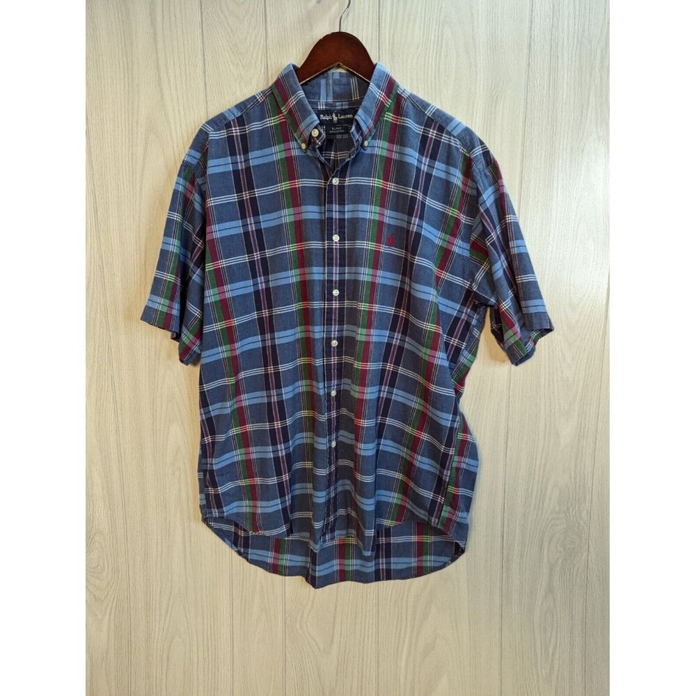 Ralph Lauren Polo Size Large L Stretch Blue Green Plaid Short Sleeve Shirt